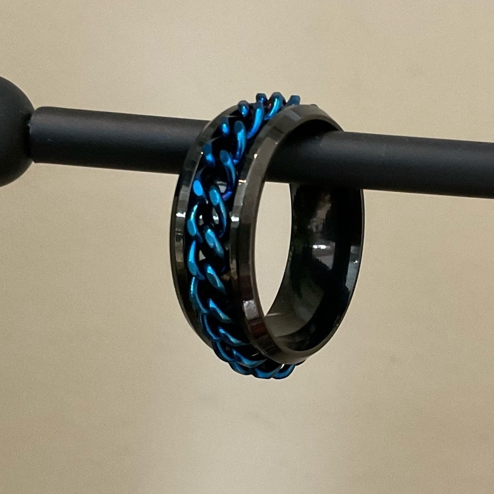 Rotating  Unisex Black & Blue Stainless Steel Fidget Ring - Picture 4 of 12